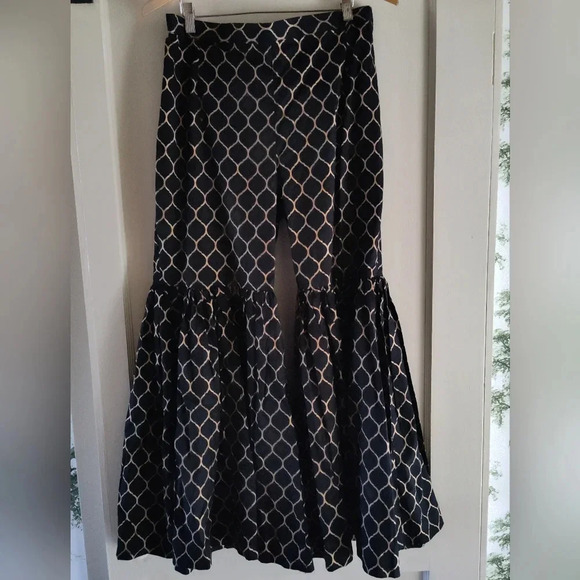 Chinyere Women's Black with Gold Trellis Print Pant | Flared Ruffled Bottom | Sm - Picture 1 of 3